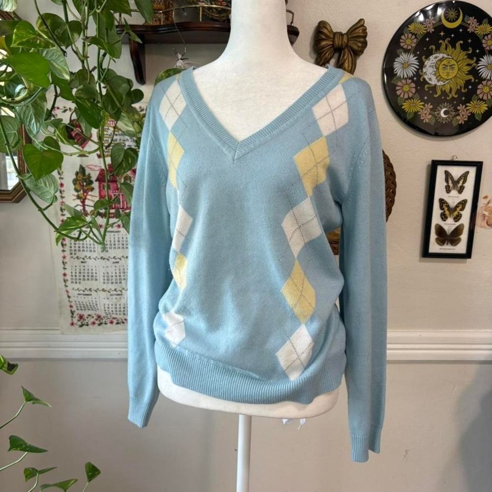 Vintage Y2K NY & Co Women's‎ M Argyle V-Neck Blue Sweater Preppy Academia Retro